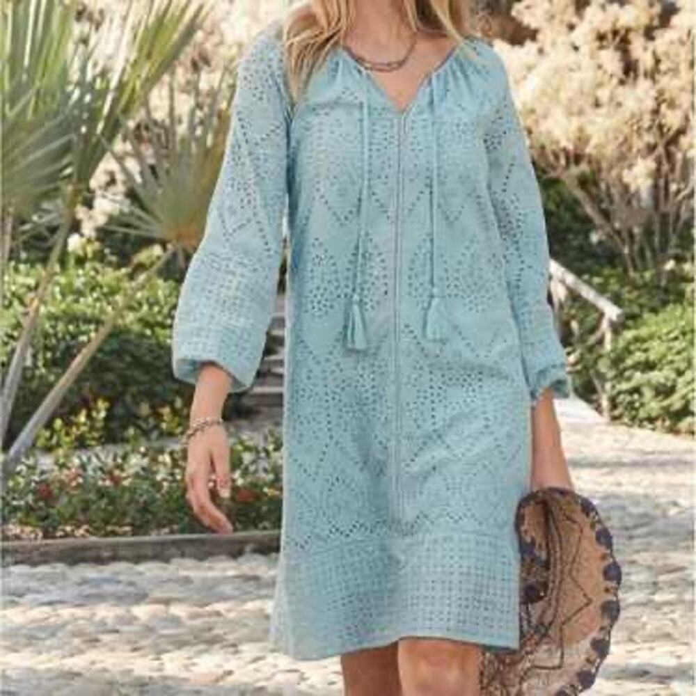 Sundance M Pet Seafoam Eyelet Embroidered Cotton Boho Dress Cottagecore Resort